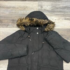 Eddie‎ Bauer Black Brown Womens L Faux Fur Insulated Quilted Hooded Parka Jacket